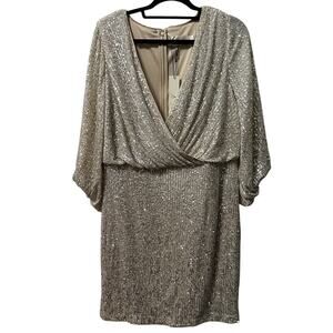 Eliza J Silver Sequin Blouson Shift Dress Cocktail V-Neck Party Glam Size 14W